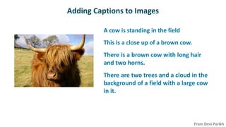 Adding Captions to Images
 A cow is standing in the field
 This is a close up of a brown cow.
 There is a brown cow with long hair
and two horns.
 There are two trees and a cloud in the
background of a field with a large cow
in it.
From Devi Parikh
 