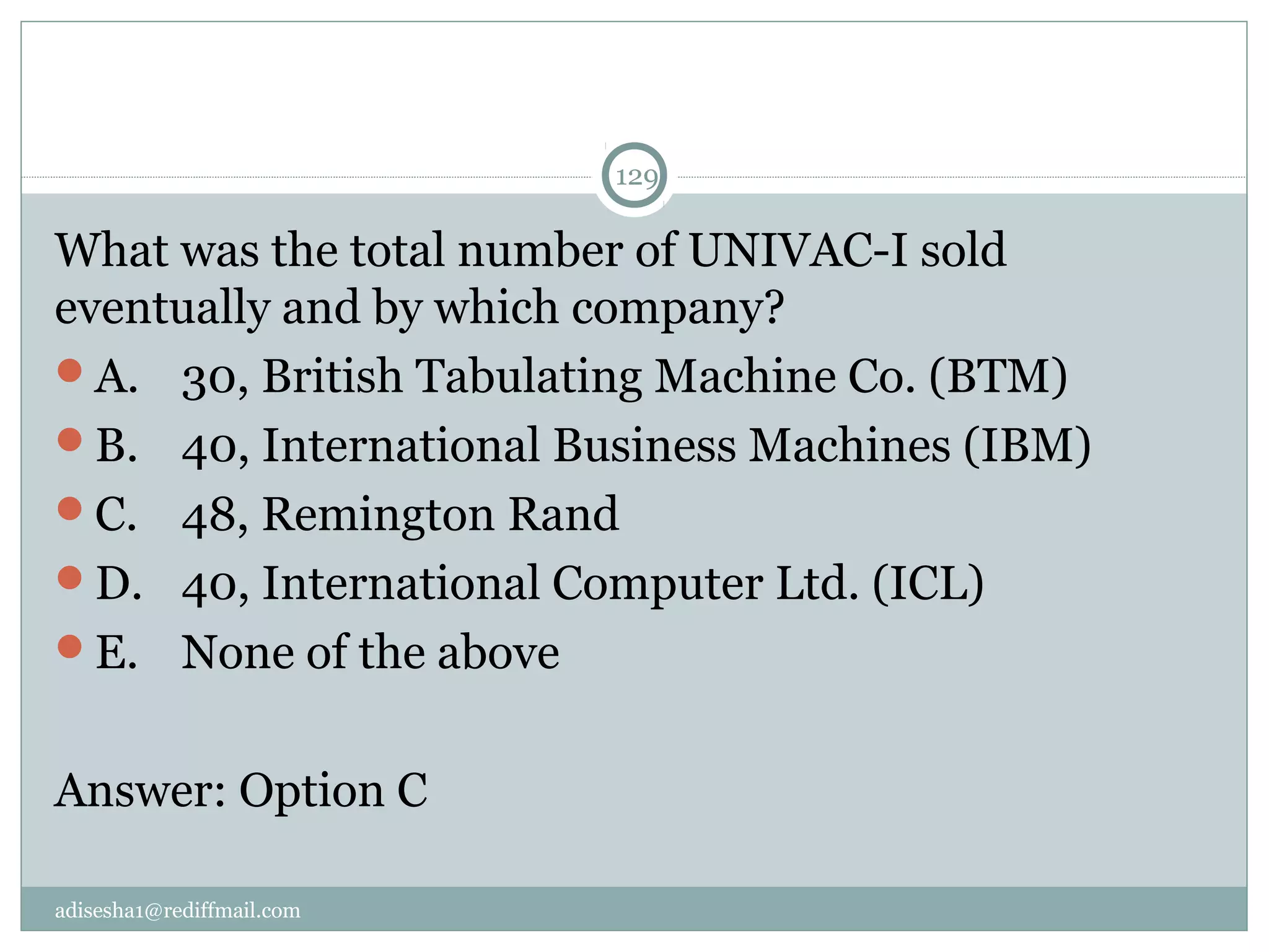 adisesha1@rediffmail.com
129
What was the total number of UNIVAC-I sold 
eventually and by which company?
A.  30, British Tabulating Machine Co. (BTM)
B.  40, International Business Machines (IBM)
C.  48, Remington Rand
D.  40, International Computer Ltd. (ICL)
E.  None of the above
Answer: Option C
 