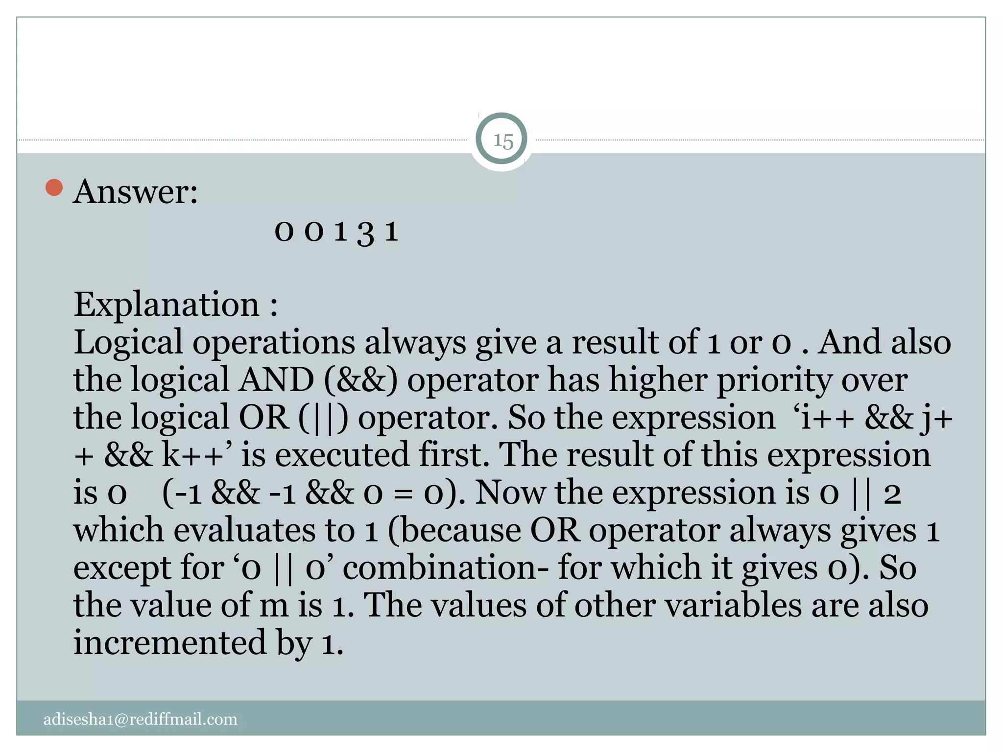 adisesha1@rediffmail.com
Answer:
0 0 1 3 1
Explanation :
Logical operations always give a result of 1 or 0 . And also
the logical AND (&&) operator has higher priority over
the logical OR (||) operator. So the expression ‘i++ && j+
+ && k++’ is executed first. The result of this expression
is 0 (-1 && -1 && 0 = 0). Now the expression is 0 || 2
which evaluates to 1 (because OR operator always gives 1
except for ‘0 || 0’ combination- for which it gives 0). So
the value of m is 1. The values of other variables are also
incremented by 1.
15
 
