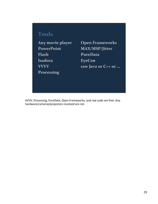 VVVV,	
  Processing,	
  PureData,	
  Open	
  Frameworks,	
  and	
  raw	
  code	
  are	
  free.	
  Any	
  
hardware/cameras/projectors	
  involved	
  are	
  not	
  
29	
  
 