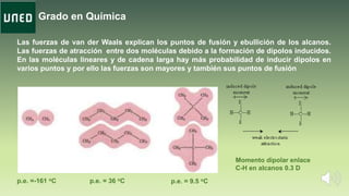 Grado en Química
Las fuerzas de van der Waals explican los puntos de fusión y ebullición de los alcanos.
Las fuerzas de atracción entre dos moléculas debido a la formación de dipolos inducidos.
En las moléculas lineares y de cadena larga hay más probabilidad de inducir dipolos en
varios puntos y por ello las fuerzas son mayores y también sus puntos de fusión
Momento dipolar enlace
C-H en alcanos 0.3 D
p.e. =-161 oC p.e. = 36 oC p.e. = 9.5 oC
 