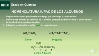 Grado en Química
NOMENCLATURA IUPAC DE LOS ALQUENOS
1. Elegir como cadena principal la más larga que contenga el doble enlace.
2. Numerar los átomos de carbono de la cadena principal de manera que el doble enlace
tenga el número más bajo posible.
3. Utilizar la terminación o sufijo -eno en lugar de -ano.
CH2 CH2 CH3 CH CH2
Eteno Propeno
 