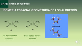 Grado en Química
ISOMERÍA ESPACIAL GEOMÉTRICA DE LOS ALQUENOS
C C
HH
CH3H3C
C C
HH3C
CH3H
A B
1 2 21
cis o (Z)-2-buteno
Zusammen
trans o (E)-2-buteno
Entgegen
 