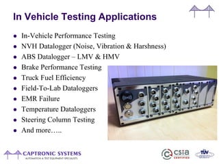In Vehicle Testing Applications
 In-Vehicle Performance Testing
 NVH Datalogger (Noise, Vibration & Harshness)
 ABS Datalogger – LMV & HMV
 Brake Performance Testing
 Truck Fuel Efficiency
 Field-To-Lab Dataloggers
 EMR Failure
 Temperature Dataloggers
 Steering Column Testing
 And more…..
 