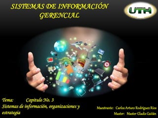 Maestrante: Carlos Arturo Rodríguez Ríos
Master: Master Gladis Gaitán
Tema: Capitulo No. 3
Sistemas de información, organizaciones y
estrategia
SISTEMAS DE INFORMACIÓN
GERENCIAL
 