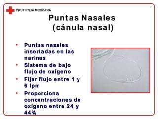 Puntas Nasales  (cánula nasal) Puntas nasales insertadas en las narinas Sistema de bajo flujo de oxígeno Fijar flujo entre 1 y 6 lpm Proporciona concentraciones de oxígeno entre 24 y 44% 
