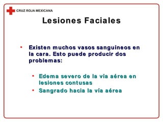 Lesiones Faciales Existen muchos vasos sanguíneos en la cara. Esto puede producir dos problemas: Edema severo de la vía aérea en lesiones contusas Sangrado hacia la vía aérea 