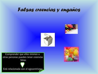 Falsas creencias y engañosFalsas creencias y engaños
Comprender que ellos mismos u
otras personas pueden tener creencias
falsas
Está relacionada con el egocentrismo
 