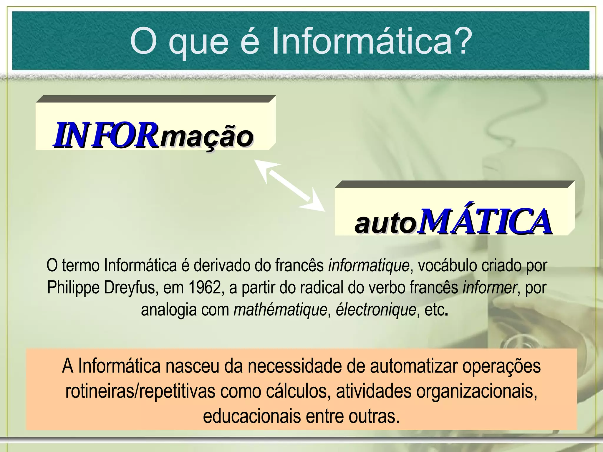 O que é Informática? A Informática nasceu da necessidade de automatizar operações rotineiras/repetitivas como cálculos, atividades organizacionais, educacionais entre outras. O termo Informática é derivado do francês  informatique , vocábulo criado por Philippe Dreyfus, em 1962, a partir do radical do verbo francês  informer , por analogia com  mathématique ,  électronique , etc .  auto MÁTICA INFOR   mação 