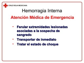 Ferular extremidades lesionadas asociadas a la sospecha de sangrado Transportar de inmediato Tratar el estado de choque Atención Médica de Emergencia Hemorragia Interna 
