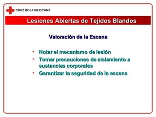 Lesiones Abiertas de Tejidos Blandos Valoración de la Escena Notar el mecanismo de lesión Tomar precauciones de aislamiento a sustancias corporales Garantizar la seguridad de la escena   