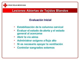 Evaluación Inicial Estabilización de la columna cervical Evaluar el estado de alerta y el estado general al acercarse Abrir la vía aérea Administrar oxígeno a flujo alto Si es necesario apoyar la ventilación Controlar sangrados externos Lesiones Abiertas de Tejidos Blandos 