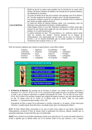 - Daniel no previó un quinto reino mundial, sino la división de un cuarto reino
                          (Roma). De hecho el imperio de debilitó y fue atacado por las naciones bárbaras,
                          que finalmente lo vencieron.
                        - Así como los dedos de los pies de la estatua, estas naciones eran 10 en número.
                          De 7 de ellas surgieron las naciones europeas, pero 3 de ellas desaparecieron.
                        - Las naciones europeas a pesar de sus esfuerzos, no tendrían éxito en unificarse,
                          para formar un quinto imperio universal.
                        - La unión por medio de alianzas humanas alude a los casamientos entre las
 LOS 10 REINOS            diferentes casas gobernantes de Europa y tratados políticos.
                        - Carlos Magno, Carlos V, Luis XIV, Napoleón, Guillaume II y Hitler, todos ellos
                          trataron de que Europa fuera regida por una sola persona y cada uno de ellos
                          también vio su sueño desmoronarse.
                        - La pluma inspirada nos dice: “No necesitamos y no podemos esperar unión
                          entre las naciones del mundo”. Nuestra posición en la imagen de
                          Nabucodonosor está representada por los dedos de los pies, en estado de
                          división y de un material deleznable que no puede mantener su cohesión.
                          Testimonios para la iglesia Tomo I. p. 322.


Entre las naciones originales que existían en aquel entonces como tribus estaban:
                 1-Sajones         =   Inglaterra        6-Lombardos       =   Italia
                 2-Alemanes        =   Alemania          7-Ostrogodos      =   extinguidos
                 3-Burgundios      =   Suiza             8-Suevos          =   Portugal
                 4-Francos         =   Francia           9-Vándalos        =   extinguidos
                 5-Hérulos         =   extinguidos       10-Visigodos      =   España




   El final de la Historia. De acuerdo con la Escritura, la piedra “no cortada con mano” representa a
   Jesucristo 1 Co. 10:4; Is. 28:16; Lc.20: 17-18, y de hecho el que golpee los pies y los dedos de la imagen
   se debe a que el impacto representa el segundo advenimiento de Cristo. “En los días de estos reyes”
   (Vers. 44) se refiere a las naciones europeas que surgirán del imperio romano y que aún existen hasta hoy
   en día. El quinto reino de la visión es el último reino de la tierra: “Que no será jamás
   destruido…y…permanecerá para siempre. (Vers. 44)
   El propósito de Dios es poner fin al sufrimiento y al dolor, al pecado y a la muerte. ¡Cristo murió para
   salvarnos y cuando regrese desea llevarnos a un mundo mejor, para vivir plenamente felices!

46-47 Al final, Daniel había convencido al rey que el sueño tenía origen en una fuente sobrenatural.
Nabucodonosor reconoció al Dios de Daniel como el gobernante del universo, además entendió que su
autoridad estaba bajo el control del Dios que se la había dado.
48-49 El rey convirtió en un hombre prominente (estaba en la corte del rey). En su hora de triunfo, Daniel no
olvidó a aquellos que se habían unido con él en oración. P idió al rey que colocara a sus 3 amigos:
 