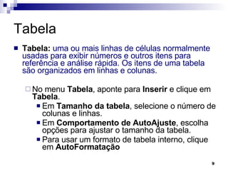 Tabela Tabela:   uma ou mais linhas de células normalmente usadas para exibir números e outros itens para referência e análise rápida. Os itens de uma tabela são organizados em linhas e colunas. No menu  Tabela , aponte para  Inserir  e clique em  Tabela . Em  Tamanho da tabela , selecione o número de colunas e linhas. Em  Comportamento de AutoAjuste , escolha opções para ajustar o tamanho da tabela. Para usar um formato de tabela interno, clique em  AutoFormatação   