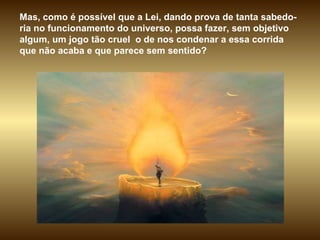 Mas, como é possível que a Lei, dando prova de tanta sabedo-ria no funcionamento do universo, possa fazer, sem objetivo algum, um jogo tão cruel  o de nos condenar a essa corrida que não acaba e que parece sem sentido?  