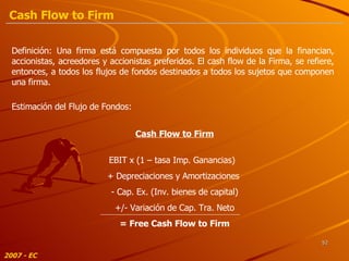 Definición:  Una firma está compuesta por todos los individuos que la financian, accionistas, acreedores y accionistas preferidos. El cash flow de la Firma, se refiere, entonces, a todos los flujos de fondos destinados a todos los sujetos que componen una firma. Cash Flow to Firm EBIT x (1 – tasa Imp. Ganancias)  + Depreciaciones y Amortizaciones  - Cap. Ex. (Inv. bienes de capital) +/- Variación de Cap. Tra. Neto = Free Cash Flow to Firm Estimación del Flujo de Fondos: 2007 - EC Cash Flow to Firm 