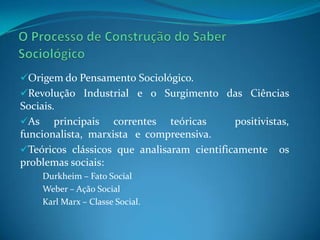 O Processo de Construção do Saber SociológicoOrigem do Pensamento Sociológico.