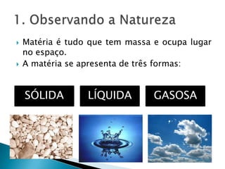    Matéria é tudo que tem massa e ocupa lugar
    no espaço.
   A matéria se apresenta de três formas:


    SÓLIDA        LÍQUIDA        GASOSA
 