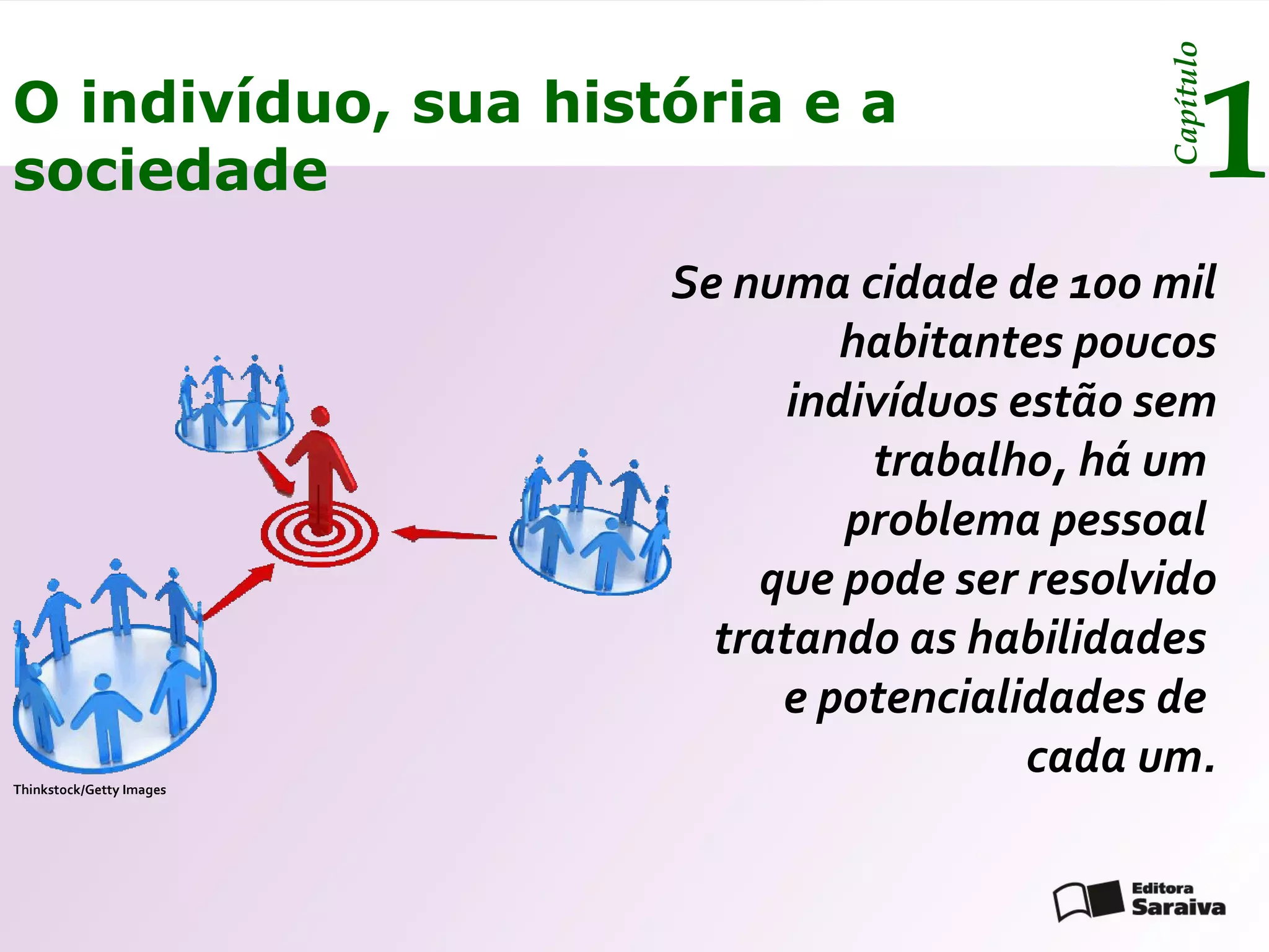 Capítulo
O indivíduo, sua história e a
sociedade                                               1
                          Se numa cidade de 100 mil
                                   habitantes poucos
                                indivíduos estão sem
                                    trabalho, há um
                                   problema pessoal
                              que pode ser resolvido
                            tratando as habilidades
                               e potencialidades de
Thinkstock/Getty Images
                                            cada um.
 