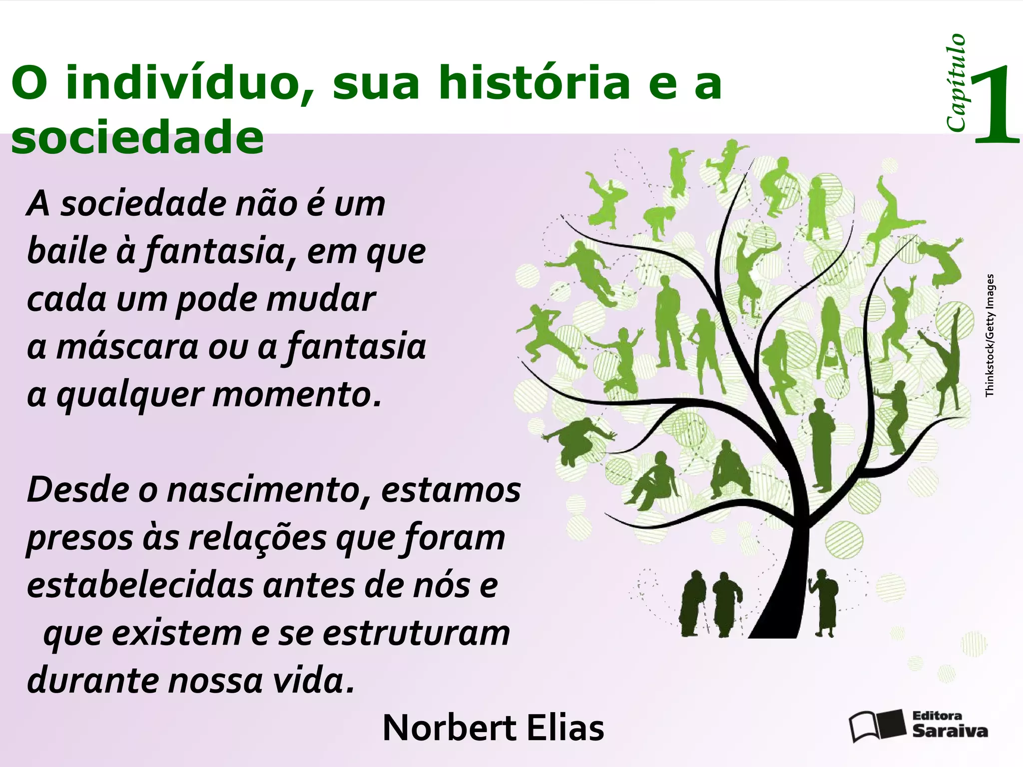 Capítulo
O indivíduo, sua história e a
sociedade                                    1
A sociedade não é um
baile à fantasia, em que
cada um pode mudar




                                                 Thinkstock/Getty Images
a máscara ou a fantasia
a qualquer momento.

Desde o nascimento, estamos
presos às relações que foram
estabelecidas antes de nós e
 que existem e se estruturam
durante nossa vida.
                      Norbert Elias
 