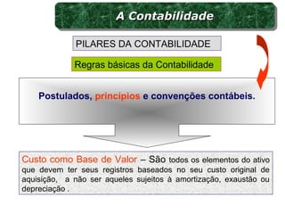 Custo como Base de Valor – São todos os elementos do ativo
que devem ter seus registros baseados no seu custo original de
aquisição, a não ser aqueles sujeitos à amortização, exaustão ou
depreciação .
Regras básicas da Contabilidade
PILARES DA CONTABILIDADE
Postulados, princípios e convenções contábeis.
A ContabilidadeA ContabilidadeA ContabilidadeA Contabilidade
 