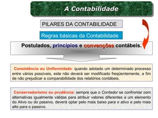 Consistência ou Uniformidade: quando adotado um determinado processo
entre vários possíveis, este não deverá ser modificado freqüentemente, a fim
de não prejudicar a comparabilidade dos relatórios contábeis.
Regras básicas da Contabilidade
PILARES DA CONTABILIDADE
Postulados,Postulados, princípios ee convençõesconvenções contábeis.contábeis.
Conservadorismo ou prudência: sempre que o Contador se confrontar com
alternativas igualmente válidas para atribuir valores diferentes a um elemento
do Ativo ou do passivo, deverá optar pelo mais baixo para o ativo e pelo mais
alto para o passivo.
A ContabilidadeA ContabilidadeA ContabilidadeA Contabilidade
 