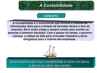 A Contabilidade é o instrumento que fornece o máximo de
informações úteis para a tomada de decisões dentro e fora da
empresa. Ela é muito antiga e sempre existiu para auxiliar as
pessoas a tomarem decisões. Com o passar do tempo, o governo
começa a utilizar-se dela para arrecadar impostos a torna
obrigatória para a maioria das empresas.
Uma empresa sem boa contabilidade é como um barcoUma empresa sem boa contabilidade é como um barco
à deriva ao sabor dos ventos.à deriva ao sabor dos ventos.
CONCEITOCONCEITO
A ContabilidadeA ContabilidadeA ContabilidadeA Contabilidade
 