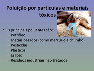 Poluição por partículas e materiais
               tóxicos

• Os principais poluentes são:
   − Petróleo
   − Metais pesados (como mercúrio e chumbo)
   − Pesticidas
   − Plásticos
   − Esgoto
   − Resíduos industriais não tratados
 