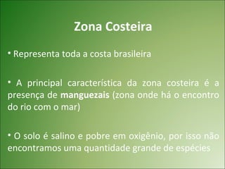 Zona Costeira
• Representa toda a costa brasileira

• A principal característica da zona costeira é a
presença de manguezais (zona onde há o encontro
do rio com o mar)

• O solo é salino e pobre em oxigênio, por isso não
encontramos uma quantidade grande de espécies
 