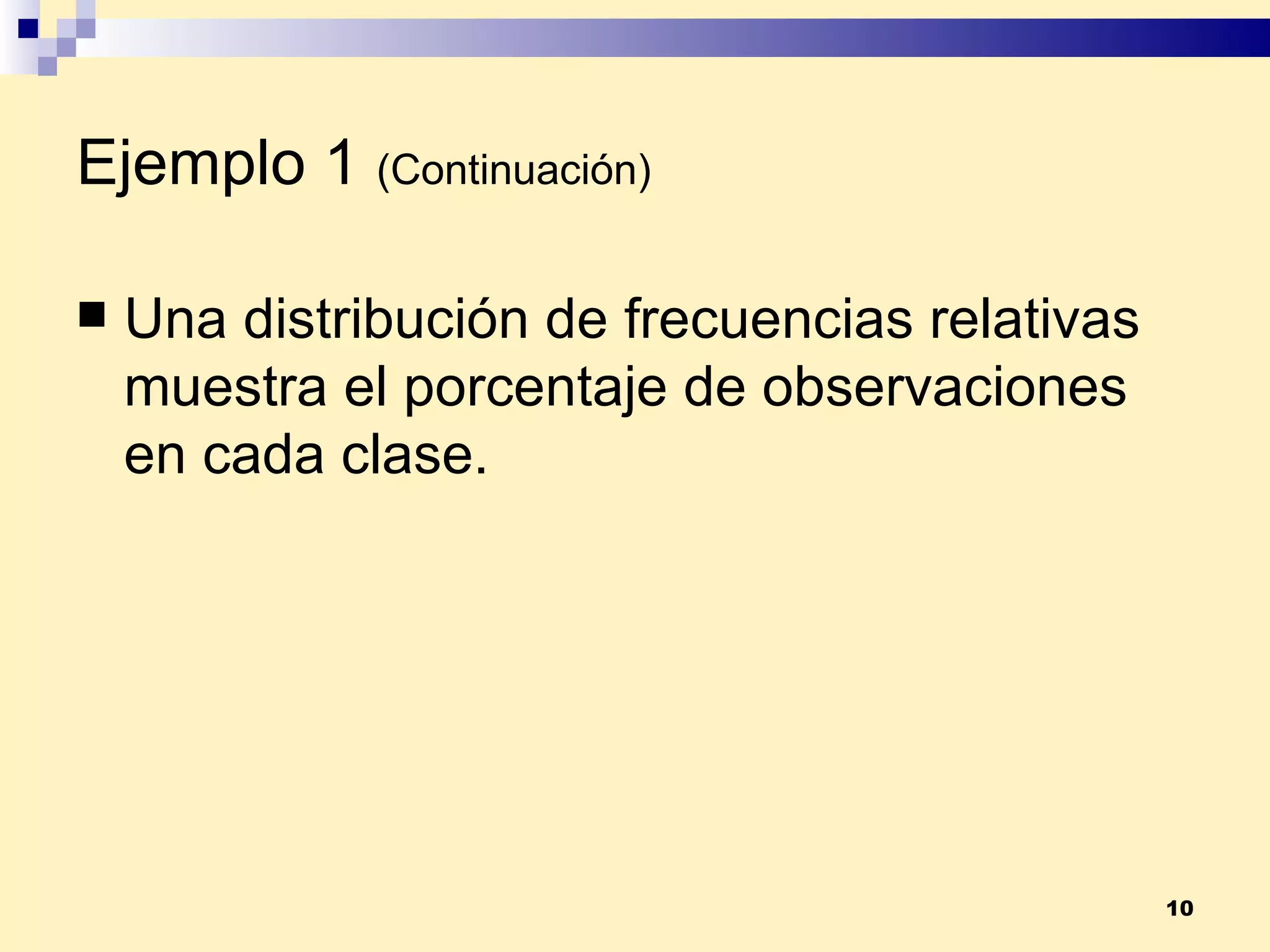 Ejemplo 1   (Continuación) Una distribución de  frecuencias relativas  muestra el porcentaje de observaciones en cada clase. 