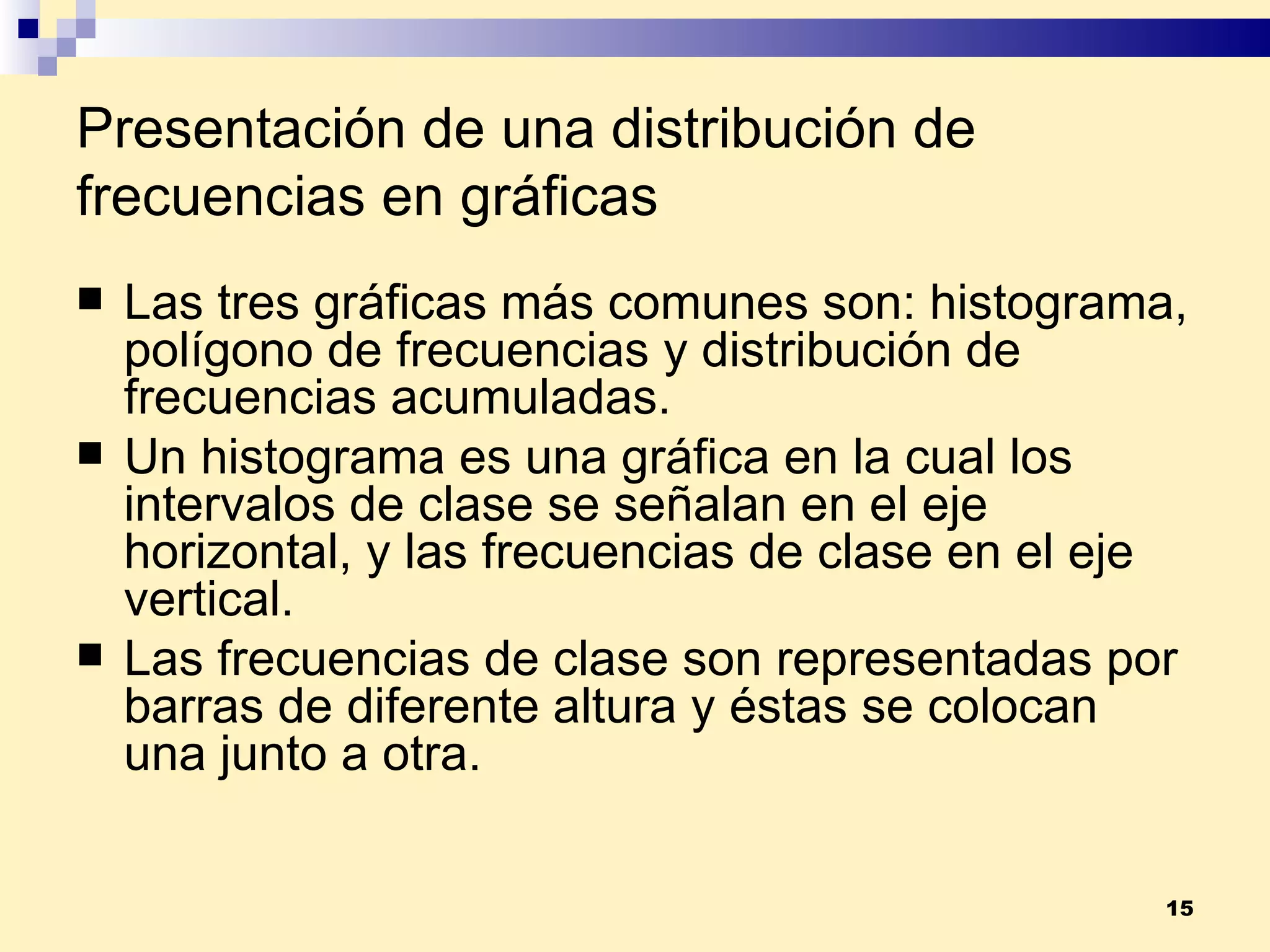 Presentación de una distribución de frecuencias en gráficas Las tres gráficas más comunes son:  histograma, polígono de frecuencias y distribución de frecuencias acumuladas. Un  histograma  es una gráfica en la cual los intervalos de clase se señalan en el eje horizontal, y las frecuencias de clase en el eje vertical. Las frecuencias de clase son representadas por barras de diferente altura y éstas se colocan una junto a otra. 