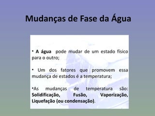 Mudanças de Fase da Água


 • A água pode mudar de um estado físico
 para o outro;

 • Um dos fatores que promovem essa
 mudança de estados é a temperatura;

 •As mudanças de temperatura são:
 Solidificação,    Fusão,     Vaporização,
 Liquefação (ou condensação).
 