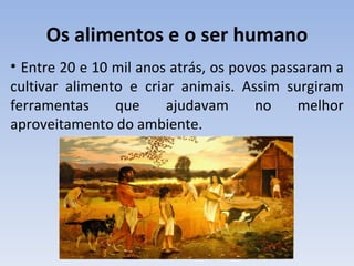 Os alimentos e o ser humano
• Entre 20 e 10 mil anos atrás, os povos passaram a
cultivar alimento e criar animais. Assim surgiram
ferramentas     que     ajudavam      no     melhor
aproveitamento do ambiente.
 