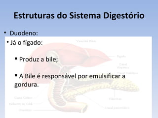 Estruturas do Sistema Digestório
• Duodeno:
 • Já o fígado:

     Produz a bile;

     A Bile é responsável por emulsificar a
    gordura.
 