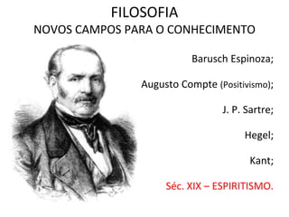 NOVOS CAMPOS PARA O CONHECIMENTO 
Barusch Espinoza; 
FILOSOFIA 
Augusto Compte (Positivismo); 
J. P. Sartre; 
Hegel; 
Kant...