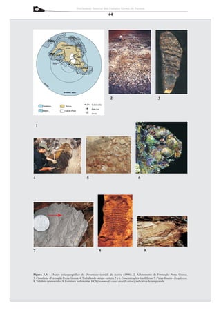 Patrimônio Natural dos Campos Gerais do Paraná

                                                                 44




                                                                  2                                         3




    1




4                                             5                                            6




7                                                       8                                      9




Figura 3.3: 1. Mapa paleogeográfico do Devoniano (modif. de Assine (1996). 2. Afloramento da Formação Ponta Grossa.
3. Conularia - Formação Ponta Grossa. 4. Trabalho de campo - coleta. 5 e 6. Concentrações fossilíferas. 7. Pistas fósseis - Zoophycos.
8. Trilobite calmoniideo.9. Estrutura sedimentar HCS (hummocky cross stratification), indicativa de tempestade.
 
