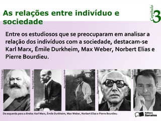 Capítulo
3As relações entre indivíduo e
sociedade
Entre os estudiosos que se preocuparam em analisar a
relação dos indivíduos com a sociedade, destacam-se
Karl Marx, Émile Durkheim, Max Weber, Norbert Elias e
Pierre Bourdieu.
Da esquerda para a direita: Karl Marx, Émile Durkheim, Max Weber, Norbert Elias e Pierre Bourdieu.
Thinkstock/GettyImages
Akg-images/LatinStock
Akg-images/LatinStock
Reprodução
Album/akgimages/LatinStock
 