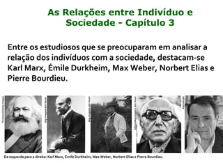 Entre os estudiosos que se preocuparam em analisar a
relação dos indivíduos com a sociedade, destacam-se
Karl Marx, Émile Durkheim, Max Weber, Norbert Elias e
Pierre Bourdieu.
Da esquerda para a direita: Karl Marx, Émile Durkheim, Max Weber, Norbert Elias e Pierre Bourdieu.
Thinkstock/GettyImages
Akg-images/LatinStock
Akg-images/LatinStock
Reprodução
Album/akgimages/LatinStock
As Relações entre Indivíduo e
Sociedade - Capítulo 3
 