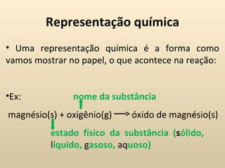 Representação química
• Uma representação química é a forma como
vamos mostrar no papel, o que acontece na reação:


•Ex:           nome da substância
magnésio(s) + oxigênio(g)    óxido de magnésio(s)
          estado físico da substância (sólido,
          líquido, gasoso, aquoso)
 