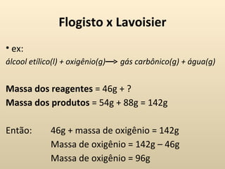 Flogisto x Lavoisier
• ex:
álcool etílico(l) + oxigênio(g)   gás carbônico(g) + água(g)


Massa dos reagentes = 46g + ?
Massa dos produtos = 54g + 88g = 142g

Então:       46g + massa de oxigênio = 142g
             Massa de oxigênio = 142g – 46g
             Massa de oxigênio = 96g
 