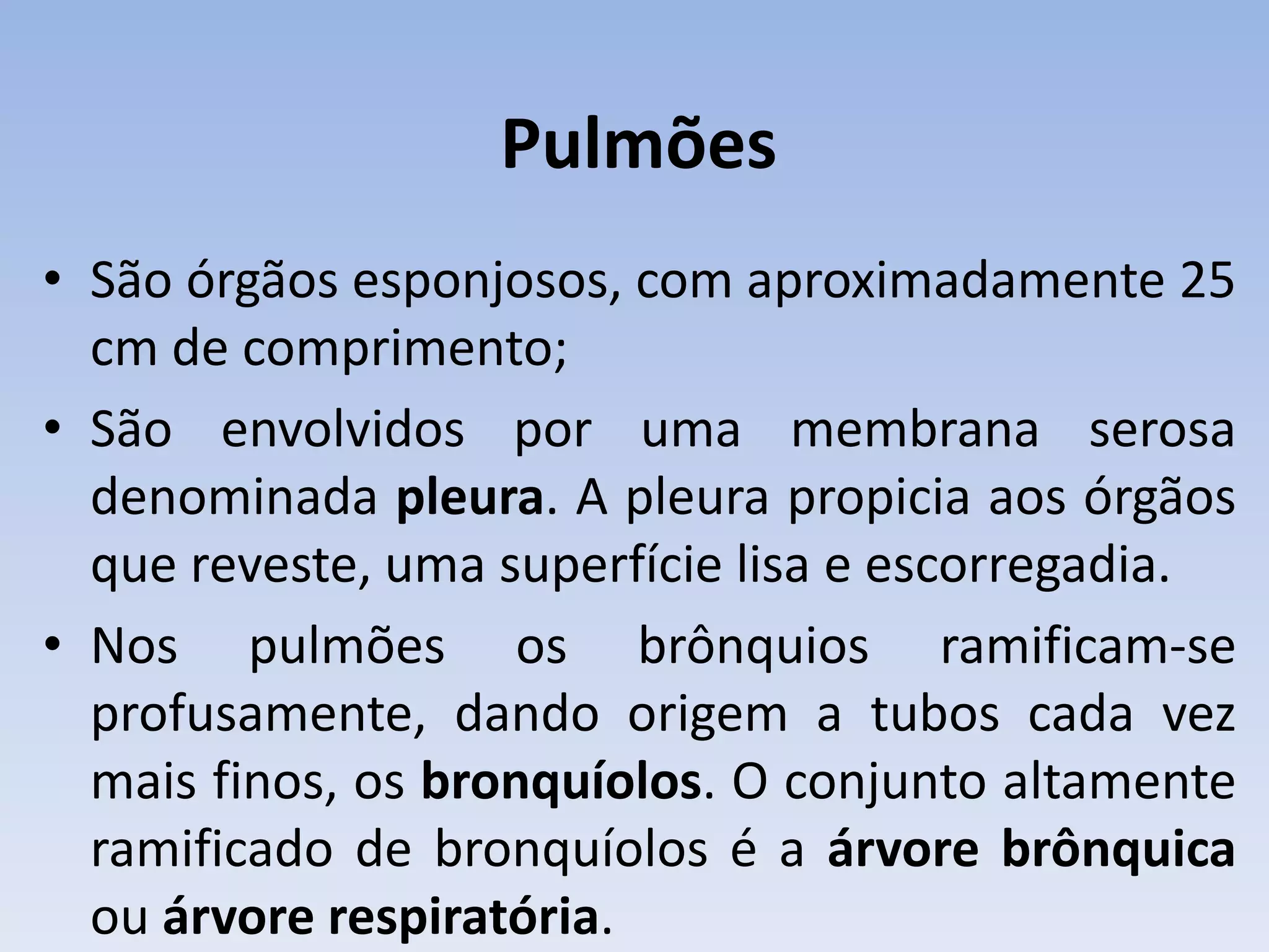 Pulmões
• São órgãos esponjosos, com aproximadamente 25
  cm de comprimento;
• São envolvidos por uma membrana serosa
  denominada pleura. A pleura propicia aos órgãos
  que reveste, uma superfície lisa e escorregadia.
• Nos pulmões os brônquios ramificam-se
  profusamente, dando origem a tubos cada vez
  mais finos, os bronquíolos. O conjunto altamente
  ramificado de bronquíolos é a árvore brônquica
  ou árvore respiratória.
 