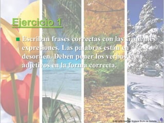 Ejercicio 1
   Escriban frases correctas con las siguientes
    expresiones. Las palabras están en
    desorden. Deben poner los verbos y
    adjetivos en la forma correcta.




                                 © All rights reserved to Joyce Bruhn de Garavito
 