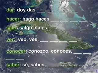 dar: doy das ___ ___ ___ ___
hacer: hago haces ___ ___ ___ ___
salir: salgo, sales, ___ ___ ___ ___

ver: veo, ves, ___ ___ ___ ___

conocer: conozco, conoces, ___ ___
___ ___
saber: sé, sabes, ___ ___ ___ ___
                          © All rights reserved to Joyce Bruhn de Garavito
 