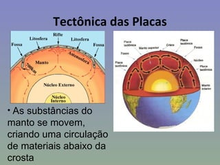Tectônica das Placas




• As substâncias do
manto se movem,
criando uma circulação
de materiais abaixo da
crosta
 