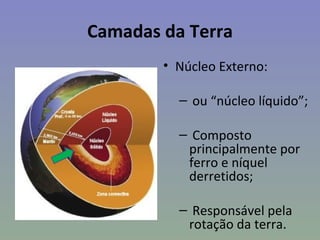Camadas da Terra
        • Núcleo Externo:

          – ou “núcleo líquido”;

          – Composto
           principalmente por
           ferro e níquel
           derretidos;

          – Responsável pela
           rotação da terra.
 