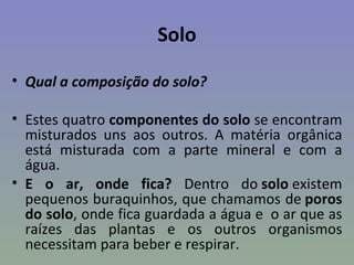 Solo

• Qual a composição do solo?

• Estes quatro componentes do solo se encontram
  misturados uns aos outros. A matéria orgânica
  está misturada com a parte mineral e com a
  água.
• E o ar, onde fica? Dentro do solo existem
  pequenos buraquinhos, que chamamos de poros
  do solo, onde fica guardada a água e o ar que as
  raízes das plantas e os outros organismos
  necessitam para beber e respirar.
 