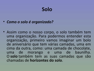 Solo

• Como o solo é organizado?

• Assim como o nosso corpo, o solo também tem
  uma organização. Para podermos entender esta
  organização, primeiro vamos imaginar um bolo
  de aniversário que tem várias camadas, uma em
  cima da outra, como: uma camada de chocolate,
  uma de morango e uma de baunilha.
  O solo também tem as suas camadas que são
  chamadas de horizontes do solo.
 