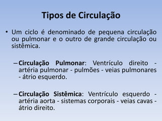 Tipos de Circulação
• Um ciclo é denominado de pequena circulação
  ou pulmonar e o outro de grande circulação ou
  sistêmica.

  – Circulação Pulmonar: Ventrículo direito -
    artéria pulmonar - pulmões - veias pulmonares
    - átrio esquerdo.

  – Circulação Sistêmica: Ventrículo esquerdo -
    artéria aorta - sistemas corporais - veias cavas -
    átrio direito.
 