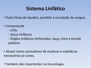 Sistema Linfático
• Outro fluxo de líquidos, paralelo à circulação de sangue,

• Compreende
   - Linfa
   - Vasos linfáticos
   - Órgãos linfáticos (linfonodos, baço, timo e tonsila
   palatina

• Atuam como carreadores de resíduos e substâcias
necessárias ao corpo,

• Também são importantes na imunologia.
 