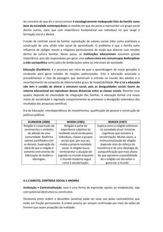 Ao contrário do que diz o senso comum é sociologicamente inadequado falar da família como
base da sociedade contemporânea na medida em que ela passa a representar um grupo social
dentre outros, claro que com importância fundamental aos indivíduos no que tange à
formação moral e afetiva.

Função de controle social da família: reprodução de valores sociais tidos como aceitáveis e
construção de uma sólida rede social de aprendizado. O problema é que a família sofre
influencia de códigos morais e religiosos particularistas de modo que absorve suas tensões
dentro da cultura familiar. Nesse passo, as instituições educacionais assumem grande
importância, pois são responsáveis por gerar uma cultura cívica em comumcapaz dedisciplinar
a vida sociopolítica como palco de deliberações sobre os interesses da sociedade.

Educação (Durkhein): é o processo por meio do qual a aprendizagem de novas gerações é
conduzida para gerar estados de reações padronizados. Está a educação associada a
procedimentos e ritos de passagem que demarcam a entrada no mundo dos adultos e o
reconhecimento da conquista de determinados graus de respeitabilidade. Por si só a educação
não tem o condão de alterar a estrutura social, pois as desigualdades sociais fazem do
sistema educacional um reprodutor dessas distancias entre as classes sociais. Reverter esse
quadro depende da intensidade de integração das famílias. A educação formal cria novos
meios de socialização e regulação comportamental ao promover a divulgação sistemática dos
resultados das pesquisas científicas.

Era da Educação: interdependência de investimentos, qualificação de pessoal e construção de
políticas públicas.

    DURKHEIN (2000)                   WEBER (1985)                      BERGER (1997)
Religião é a expressão de           Religião é parte da       Explica como a religião sobrevive
 sentimentos e símbolos         experiência subjetiva da         na sociedade atual: minorias
    de adesão de uma          realidade social vivida pelos       cognitivas que resistem à
  comunidade. Reafirma        indivíduos, classes e grupos      secularização. Muitas vezes, a
valores partilhados com         sociais que, por sua vez,       institucionalização da religião
os demais. Superação da        molda a própria realidade         depende mais do reforço da
 ideia de que a religião é       social. A religião busca     resistência e de uma ideologia de
somente instrumento de         reinterpretar a atuação do      autojustificação que mais afasta
  fabricação de ilusões e    sagrado no mundo enquanto         do que aproxima a possibilidade
        ideologias.             o mundo moderno segue            de a religião um dia voltar a
                                  rumo à secularização.               governar o mundo.




4.1.5 DIREITO, CONTROLE SOCIAL E ANOMIA

Instituição ≠ Contrainstituição: esta é uma forma de expressão oposta ao estabelecido, seja
com potencial destrutivo ou construtivo.

Dicotomia entre ordem e desordem (anomia) pode ser vista coo polos contraditórios que
estão em fricção permanente. A ordem precisa ser sempre confirmada por meio de ações do
homem que sejam projeções da realidade.
 